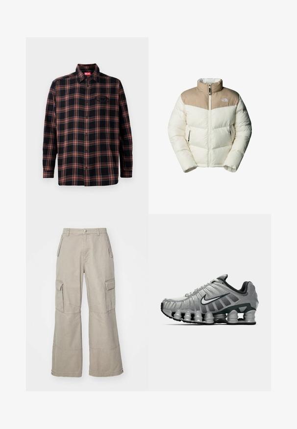 The North Face M SAIKURU JACKET - Vinterjacka - mushroom grey/white dun; Svart hoodie i bomull. Har en framficka, snörmgränd samt en grå sprayfärgsdesign med en blå etikettaccent.; Svart och röd rutigt skjorta med knappstängning framtill, långa ärmar och en etikett på kragen. Har kontrasterande sömmar och en ficka på bröstet.; Kakifärgade cargo-byxor i bomullsmix, med vida ben, flera sidofickor och subtila sömnadsdetaljer.; Grå och svart Nike löparskor med synlig fjädrande dämpning under sulan och en vit swoosh-logotyp på sidan.