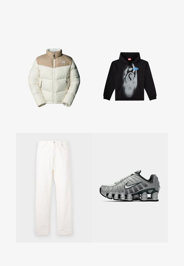 The North Face M SAIKURU JACKET - Winterjas - mushroom grey/white dun; Zwarte hoodie van katoen. Voorzien van een voorzak, een capuchon met koord en een grijze spuitverfontwerp met een blauwe etiketaccent.; Witte denim jeans met een rechte broekspijp, voorzien van voorzakken, metalen knoopsluiting en klassieke stikdetails.; Grijze en zwarte Nike hardloopschoen met zichtbare veerachtige demping onder de zool en een wit swoosh-logo aan de zijkant.