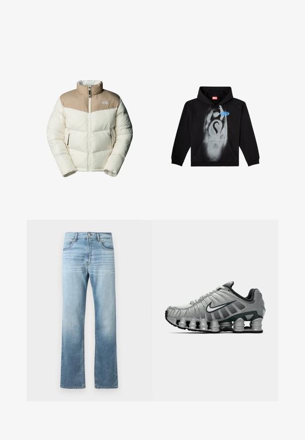 The North Face M SAIKURU JACKET - Zimní bunda - mushroom grey/white dun; Černá mikina z bavlny. Má přední kapsu, kapuci se stahovací šňůrkou a šedý design ve stylu spreje s modrým akcentem na štítku.; Světle modré džíny s rovnými nohavicemi, se zesvětlením v oblasti stehen, dvěma předními kapsami a klasickým zapínáním na knoflík.; Šedá a černá běžecká obuv Nike s viditelným odpružením podobným pružině pod podrážkou a bílým logem swoosh na boku.