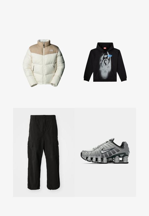 The North Face M SAIKURU JACKET - Winter jacket - mushroom grey/white dun; Black hoodie made of cotton. Features a front pocket, drawstring hood, and a gray spray-paint design with a blue label accent.; Black cargo pants made of a soft fabric, featuring a loose fit, side pockets, and a button closure. The bottom hem is cuffed.; Grey and black Nike running shoe with visible spring-like cushioning under the sole and a white swoosh logo on the side.