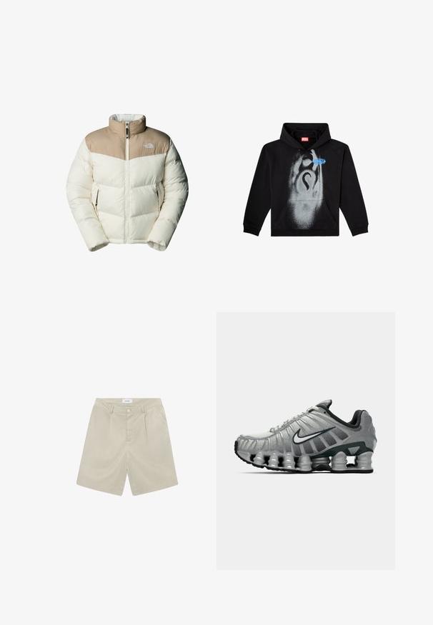 The North Face M SAIKURU JACKET - Vinterjakker - mushroom grey/white dun; Sort hættetrøje lavet af bomuld. Har en frontlomme, snorhuv og et gråt spraymalet design med en blå etikette accent.; Beige skræddersyede shorts med flad front, to sidelommer og en enkelt knappet lukning. Fremstillet af et let og glat stof.; Grå og sort Nike løbesko med synlig fjederlignende dæmpning under sålen og et hvidt swoosh-logo på siden.