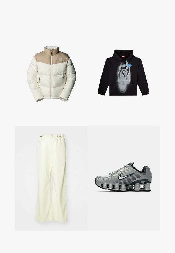 The North Face M SAIKURU JACKET - Chaqueta de invierno - mushroom grey/white dun; Sudadera negra de algodón. Presenta un bolsillo frontal, capucha con cordón y un diseño de spray gris con un acento de etiqueta azul.; Pantalones de pierna ancha de color verde claro, fabricados en un tejido suave y ligeramente brillante. Cuentan con una cintura con botón y elástica, y un diseño limpio y a medida.; Zapatilla de running Nike en gris y negro con amortiguación visible tipo resorte debajo de la suela y un logo de swoosh blanco en el lateral.