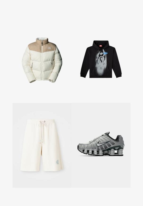 The North Face M SAIKURU JACKET - Giacca invernale - mushroom grey/white dun; Felpa nera con cappuccio in cotone. Presenta una tasca frontale, un cappuccio con cordino e un design a spruzzo grigio con un accento blu sull'etichetta.; Pantaloni corti di un crema chiaro realizzati in tessuto testurizzato con vita elasticizzata, cordoncino regolabile e un disegno di sole stampato sulla gamba sinistra.; Scarpa da corsa Nike grigia e nera con ammortizzazione visibile a molla sotto la suola e logo swoosh bianco di lato.