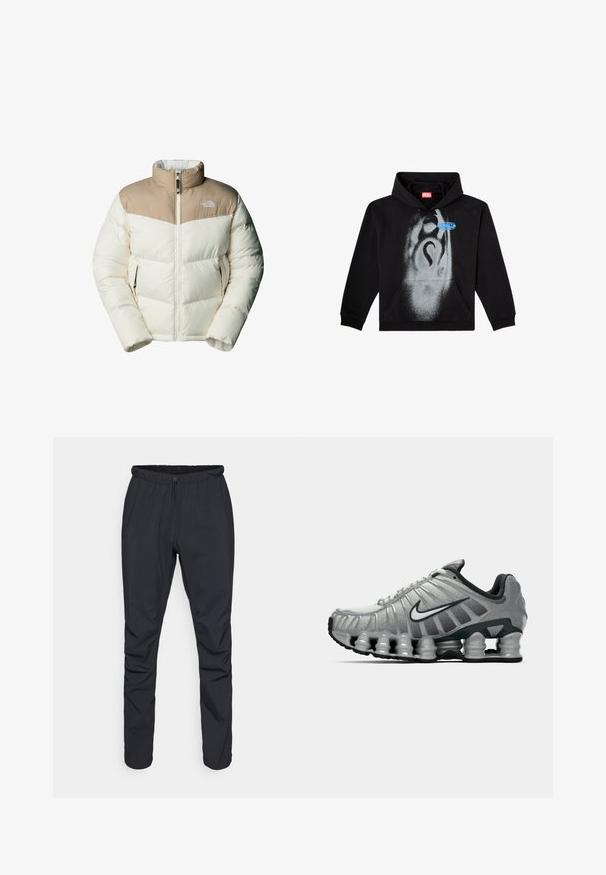 The North Face M SAIKURU JACKET - Zimní bunda - mushroom grey/white dun; Černá mikina z bavlny. Má přední kapsu, kapuci se stahovací šňůrkou a šedý design ve stylu spreje s modrým akcentem na štítku.; Černé lehké kalhoty s elastickým pasem, stahovací šňůrkou a zúženými nohavicemi. Vyrobeno z voděodolného materiálu s hladkým povrchem.; Šedá a černá běžecká obuv Nike s viditelným odpružením podobným pružině pod podrážkou a bílým logem swoosh na boku.