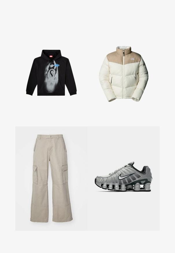 The North Face M SAIKURU JACKET - Giacca invernale - mushroom grey/white dun; Felpa nera con cappuccio in cotone. Presenta una tasca frontale, un cappuccio con cordino e un design a spruzzo grigio con un accento blu sull'etichetta.; Pantaloni cargo in khaki realizzati in cotone misto, con gambe ampie, molteplici tasche laterali e sottili dettagli di cucitura.; Scarpa da corsa Nike grigia e nera con ammortizzazione visibile a molla sotto la suola e logo swoosh bianco di lato.