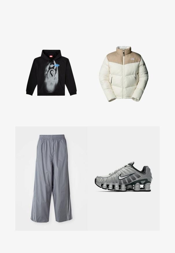 The North Face M SAIKURU JACKET - Giacca invernale - mushroom grey/white dun; Felpa nera con cappuccio in cotone. Presenta una tasca frontale, un cappuccio con cordino e un design a spruzzo grigio con un accento blu sull'etichetta.; Pantaloni larghi in sintetico leggero di colore grigio, con vita elasticizzata e strisce bianche ai lati. Texture liscia con un design casual.; Scarpa da corsa Nike grigia e nera con ammortizzazione visibile a molla sotto la suola e logo swoosh bianco di lato.