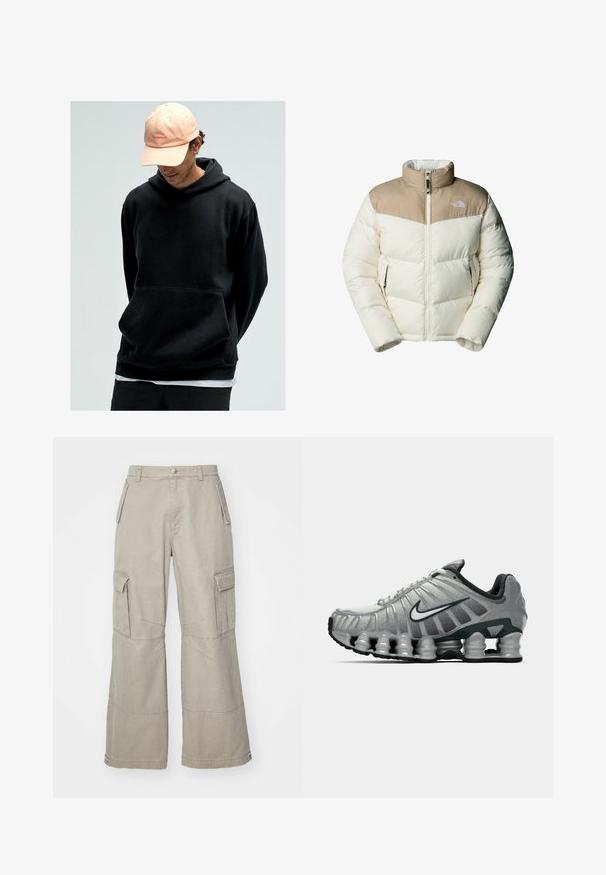 The North Face M SAIKURU JACKET - Chaqueta de invierno - mushroom grey/white dun; Sudadera negra con capucha y bolsillo tipo canguro, hecha de una tela suave. Combinada con una gorra de béisbol rosa claro que presenta un logo.; Pantalones cargo caqui hechos de una mezcla de algodón, con piernas anchas, múltiples bolsillos laterales y sutiles detalles de costura.; Zapatilla de running Nike en gris y negro con amortiguación visible tipo resorte debajo de la suela y un logo de swoosh blanco en el lateral.