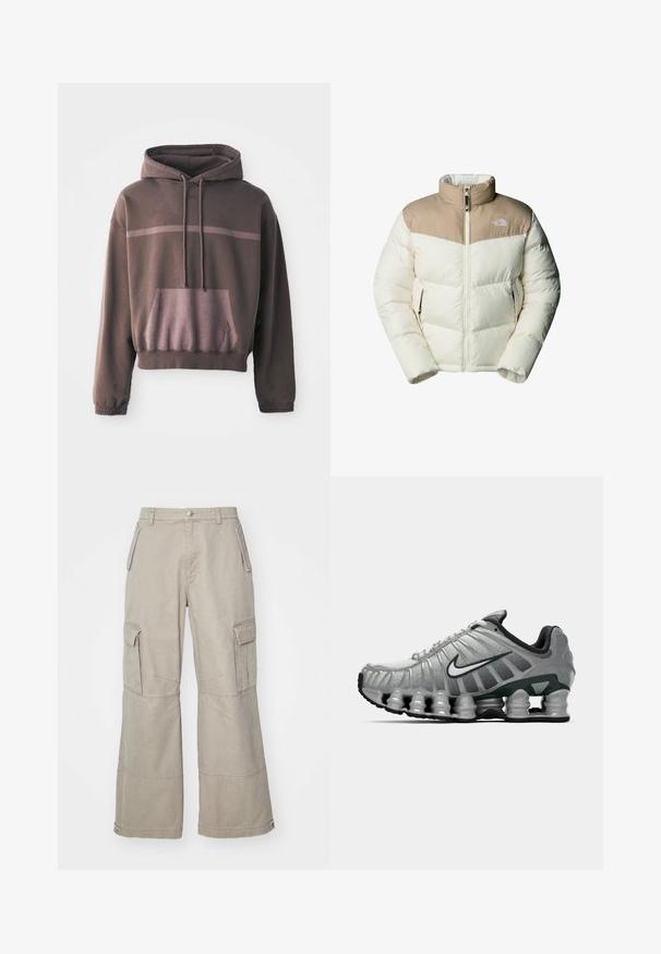 The North Face M SAIKURU JACKET - Winter jacket - mushroom grey/white dun; Short-sleeve, oversized hoodie in dark brown with a gradient light brown stripe, front pocket, and drawstring hood. Soft cotton blend fabric.; Khaki cargo pants made of cotton blend, featuring wide legs, multiple side pockets, and subtle stitching details.; Grey and black Nike running shoe with visible spring-like cushioning under the sole and a white swoosh logo on the side.