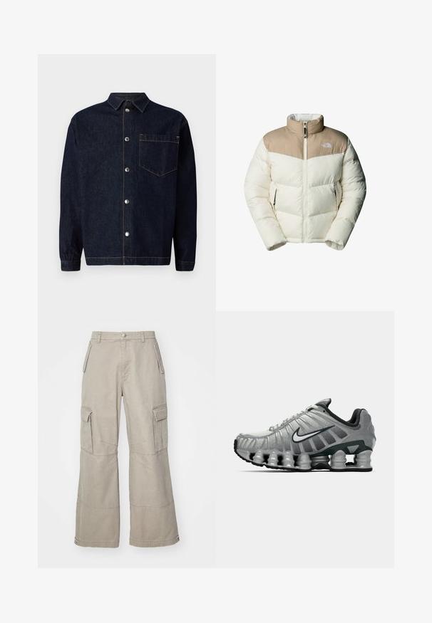 The North Face M SAIKURU JACKET - Talvitakki - mushroom grey/white dun; Tummansininen farkkupaita, jossa on edessä nappikiinnitys, terävä kaulus, rintatasku ja kontrastivärisiä oransseja ompeluja.; Khaki cargo-housut, jotka on valmistettu puuvillasekoitteesta, leveillä lahkeilla, useilla sivutaskuilla ja hillityillä ompeluyksityiskohdilla.; Harmaa ja musta Nike-juoksukenkä, jossa on näkyvää jousimaista vaimennusta pohjan alla ja valkoinen swoosh-logo sivulla.