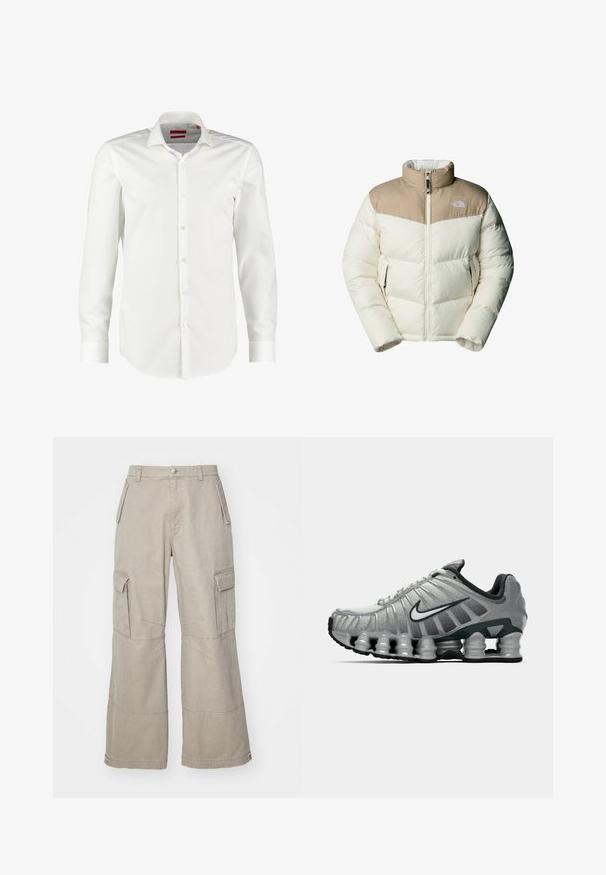The North Face M SAIKURU JACKET - Vinterjakker - mushroom grey/white dun; Hvid langærmet skjorte med knapper lavet af glat bomuldsstof. Har en klassisk krave, ren frontplacket og knapmanschetter.; Khaki cargo bukser lavet af bomuldsblanding, med brede ben, flere sidelommer og subtile syninger.; Grå og sort Nike løbesko med synlig fjederlignende dæmpning under sålen og et hvidt swoosh-logo på siden.