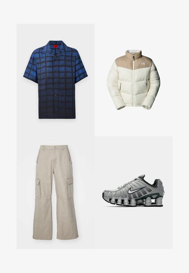 The North Face M SAIKURU JACKET - Talvitakki - mushroom grey/white dun; Miestenská krátkoročná košeľa s gombíkmi s modro-čiernym textúrovaným vzorom okna a šírym golierom.; Khaki cargo-housut, jotka on valmistettu puuvillasekoitteesta, leveillä lahkeilla, useilla sivutaskuilla ja hillityillä ompeluyksityiskohdilla.; Harmaa ja musta Nike-juoksukenkä, jossa on näkyvää jousimaista vaimennusta pohjan alla ja valkoinen swoosh-logo sivulla.