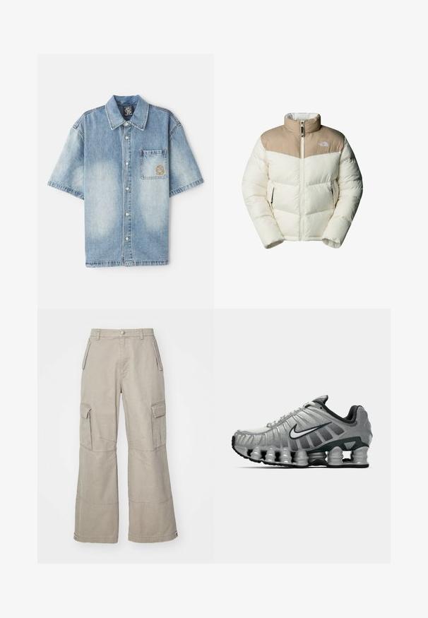 The North Face M SAIKURU JACKET - Giacca invernale - mushroom grey/white dun; Camicia di jeans azzurra a maniche corte con collo, tasca anteriore e leggeri effetti di scoloritura, dotata di bottoni di metallo e design ricamato.; Pantaloni cargo in khaki realizzati in cotone misto, con gambe ampie, molteplici tasche laterali e sottili dettagli di cucitura.; Scarpa da corsa Nike grigia e nera con ammortizzazione visibile a molla sotto la suola e logo swoosh bianco di lato.