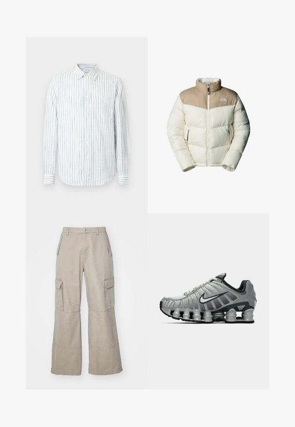 The North Face M SAIKURU JACKET - Winterjacke - mushroom grey/white dun; Leichtes langärmliges Hemd in Weiß mit blauen vertikalen Streifen. Mit einem Button-Down-Kragen und einer einzelnen Brusttasche.; Khaki Cargo-Hosen aus Baumwollmischung, mit weitem Bein, mehreren Seitentaschen und dezenten Steppdetails.; Grauer und schwarzer Nike-Laufschuh mit sichtbarer federähnlicher Dämpfung unter der Sohle und einem weißen Swoosh-Logo an der Seite.