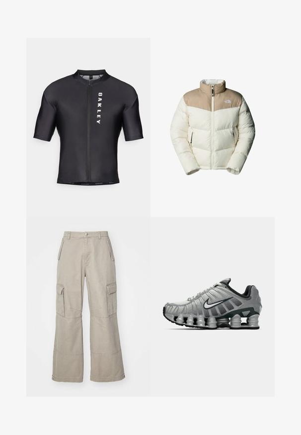 The North Face M SAIKURU JACKET - Talvitakki - mushroom grey/white dun; Lyhythihainen pyöräilypaita, joka on tehty mustasta, sileästä kankaasta. Siinä on etuvetoketju ja "OAKLEY" painettuna valkoisena vasemmalla puolella.; Khaki cargo-housut, jotka on valmistettu puuvillasekoitteesta, leveillä lahkeilla, useilla sivutaskuilla ja hillityillä ompeluyksityiskohdilla.; Harmaa ja musta Nike-juoksukenkä, jossa on näkyvää jousimaista vaimennusta pohjan alla ja valkoinen swoosh-logo sivulla.