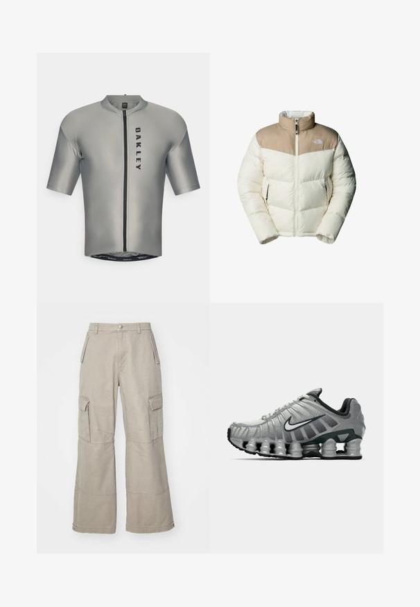The North Face - Kurtka zimowa; Koszulka kolarska z krótkim rękawem w gładkim szarym materiale z zamkiem błyskawicznym z przodu, z czarnym logo "OAKLEY" i dopasowanym krojem.; Beżowe spodnie cargo wykonane z mieszanki bawełny, z szerokimi nogawkami, wieloma bocznymi kieszeniami i subtelnymi detalami przeszycia.; Szare i czarne buty biegowe Nike z widocznym, sprężystym tłumieniem pod podeszwą oraz białym logo swoosh po boku.