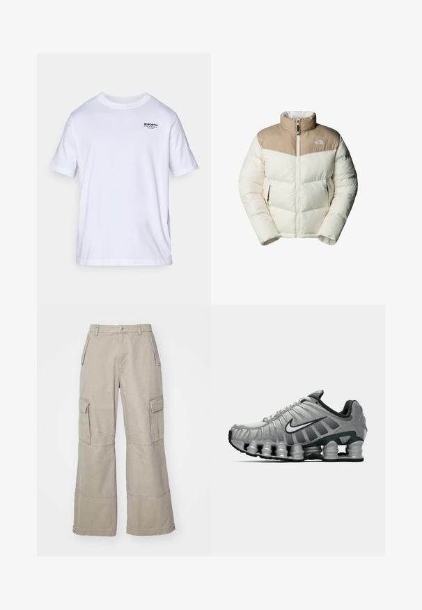 The North Face M SAIKURU JACKET - Talvitakki - mushroom grey/white dun; Valkoinen puuvillapaita, jossa on pyöreä kaula-aukko, lyhyet hihat ja pieni painettu logo vasemmassa rintataskussa. Pehmeä pinta, tavallinen malli.; Khaki cargo-housut, jotka on valmistettu puuvillasekoitteesta, leveillä lahkeilla, useilla sivutaskuilla ja hillityillä ompeluyksityiskohdilla.; Harmaa ja musta Nike-juoksukenkä, jossa on näkyvää jousimaista vaimennusta pohjan alla ja valkoinen swoosh-logo sivulla.