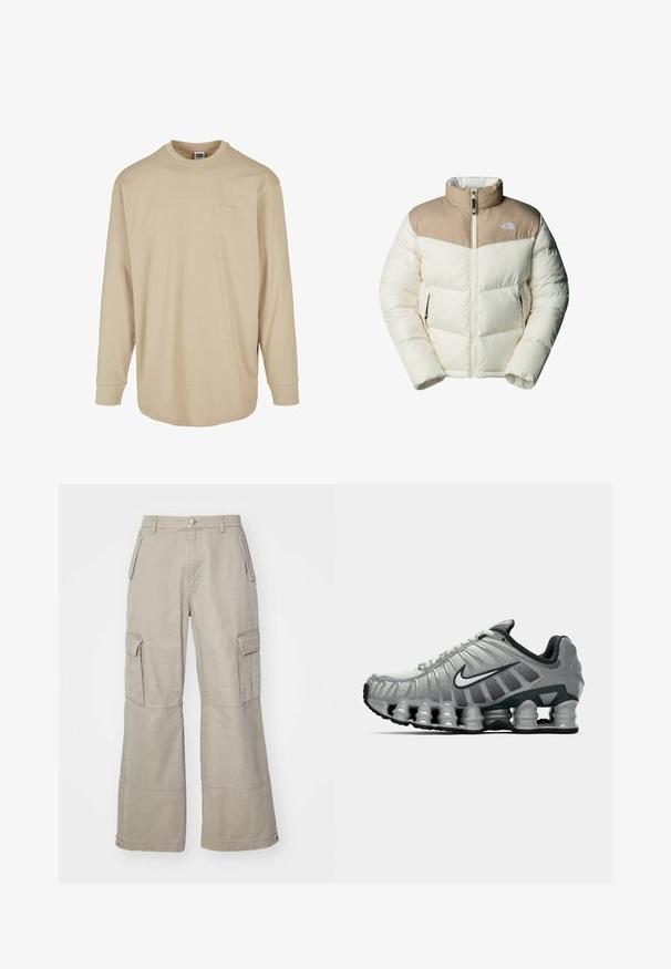 The North Face M SAIKURU JACKET - Winterjas - mushroom grey/white dun; Beige langslav T-shirt gemaakt van katoen. Heeft een ronde hals, een linkse borstzak en een standaard snit met gevoerde mouwen.; Khaki cargobroek van katoenmix, met wijde pijpen, meerdere zijzakken en subtiele stikseldetails.; Grijze en zwarte Nike hardloopschoen met zichtbare veerachtige demping onder de zool en een wit swoosh-logo aan de zijkant.