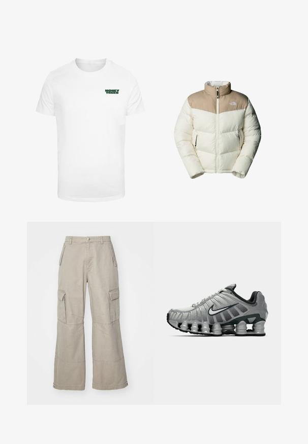 The North Face M SAIKURU JACKET - Vinterjakker - mushroom grey/white dun; Hvid bomulds t-shirt med korte ærmer, der har et lille grønt "MONEY TREES" grafik på venstre brystområde. Klassisk rund halsudskæring.; Khaki cargo bukser lavet af bomuldsblanding, med brede ben, flere sidelommer og subtile syninger.; Grå og sort Nike løbesko med synlig fjederlignende dæmpning under sålen og et hvidt swoosh-logo på siden.