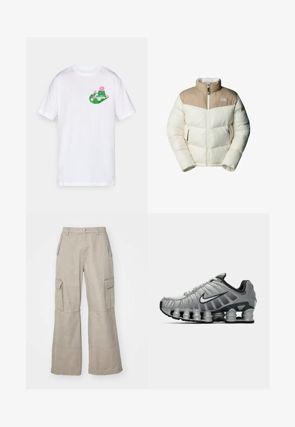 The North Face M SAIKURU JACKET - Vinterjacka - mushroom grey/white dun; Vit bomullströja med en färgglad grafisk design i grönt och rosa, som visar kaktusar och blommor på vänster bröstområde.; Kakifärgade cargo-byxor i bomullsmix, med vida ben, flera sidofickor och subtila sömnadsdetaljer.; Grå och svart Nike löparskor med synlig fjädrande dämpning under sulan och en vit swoosh-logotyp på sidan.