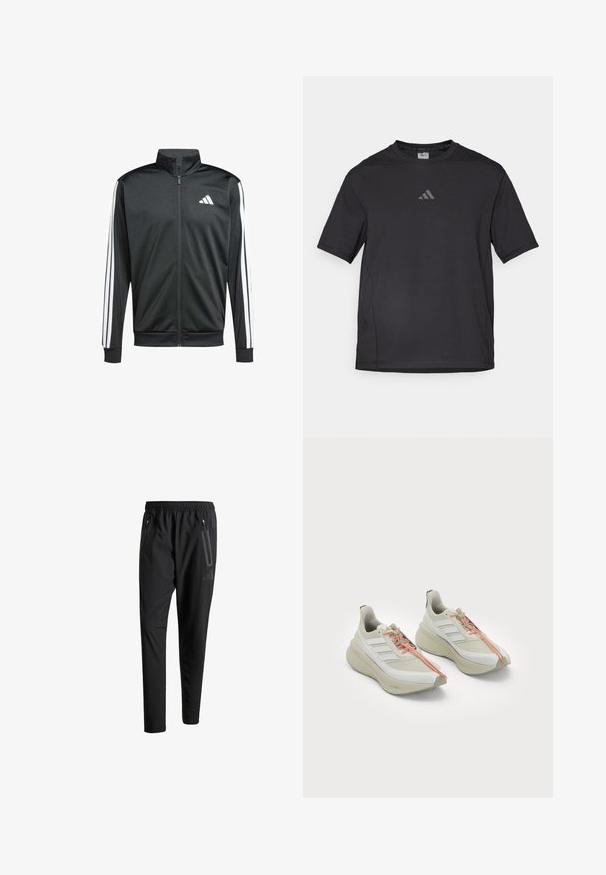 adidas Performance Trainingsjacke - black; Schwarzes Sport-T-Shirt aus atmungsaktivem Material, mit kurzen Ärmeln, rundem Ausschnitt und einem reflexiven Logo auf der Brust.; Schwarze Sporthose mit elastischem Bund, zwei Reißverschlusstaschen an den Seiten, schmal zulaufenden Beinen und einem dezenten Logo-Detail an der Hüfte.; Weißes Sport鞋 mit einer strukturierten oberen, die drei diagonale Streifen, orangefarbene Schnürsenkel und ein gepolstertes, gebogenes Sohlen-Design aufweist.