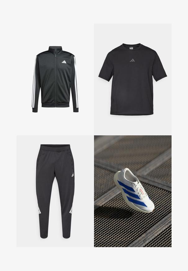 adidas Performance Veste de survêtement - black; T-shirt de sport noir en matériau respirant, à manches courtes, avec un col rond et un logo réfléchissant sur la poitrine.; Pantalon de sport noir à jambes fuselées, taille élastique, poches latérales, avec un logo blanc et des détails à rayures. Confectionné dans un matériau lisse et léger.; Baskets blanches avec rayures bleues, design léger, empeigne en maille, fermeture à lacets et semelle en caoutchouc texturée, flottant au-dessus d'une surface en grille.