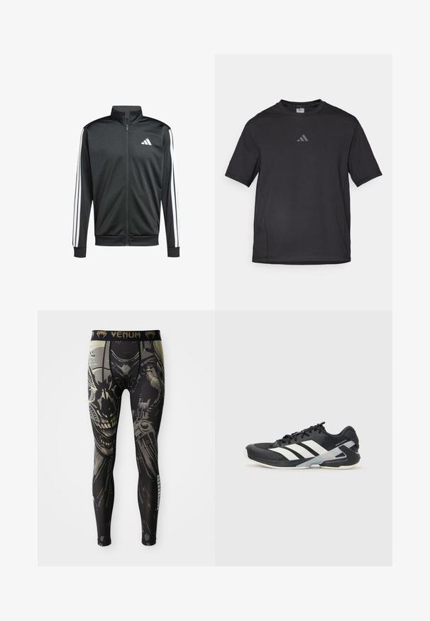 adidas Performance Veste de survêtement - black; T-shirt de sport noir en matériau respirant, à manches courtes, avec un col rond et un logo réfléchissant sur la poitrine.; Leggings de compression noirs et gris avec un design détaillé de visage de robot ou de cyborg et le logo "VENUM" sur la ceinture.; Chaussure de sport noire avec des rayures blanches, tige en mesh, bout arrondi et semelle rembourrée. Comprend un talon texturé et un système de laçage sécurisé.