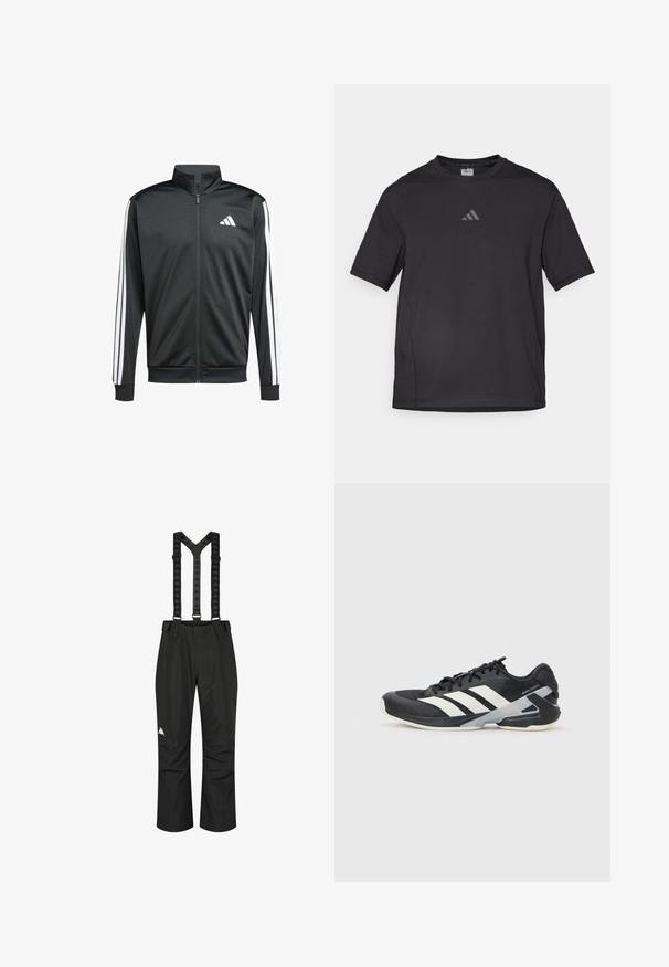 adidas Performance Trainingsvest - black; Zwart sport t-shirt van ademend materiaal, met korte mouwen, een ronde hals en een reflecterende logo op de borst.; Zwarte waterdichte broek met verstelbare bretels, met een gladde textuur en een wit logo op het linkerbeen, ontworpen voor gebruik buitenshuis.; Zwarte sportschoen met witte strepen, bovenwerk van mesh, ronde neus en geveerde zool. Heeft een getextureerde hak en een veilig vetersysteem.