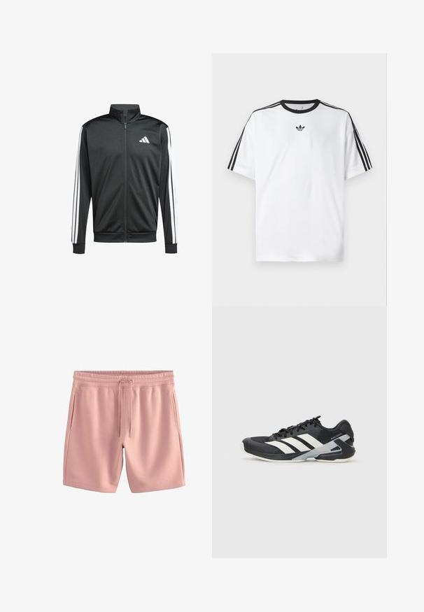 adidas Performance Trainingsvest - black; Witte T-shirt van katoen, met een zwarte ronde halslijn en drie zwarte strepen op elke schouder. Klein zwart logo op de borst.; Lichtroze shorts gemaakt van zachte stof, met een elastische tailleband en een verstelbaar trekkoord. Kenmerkt zich door twee zijzakken en een losse pasvorm.; Zwarte sportschoen met witte strepen, bovenwerk van mesh, ronde neus en geveerde zool. Heeft een getextureerde hak en een veilig vetersysteem.