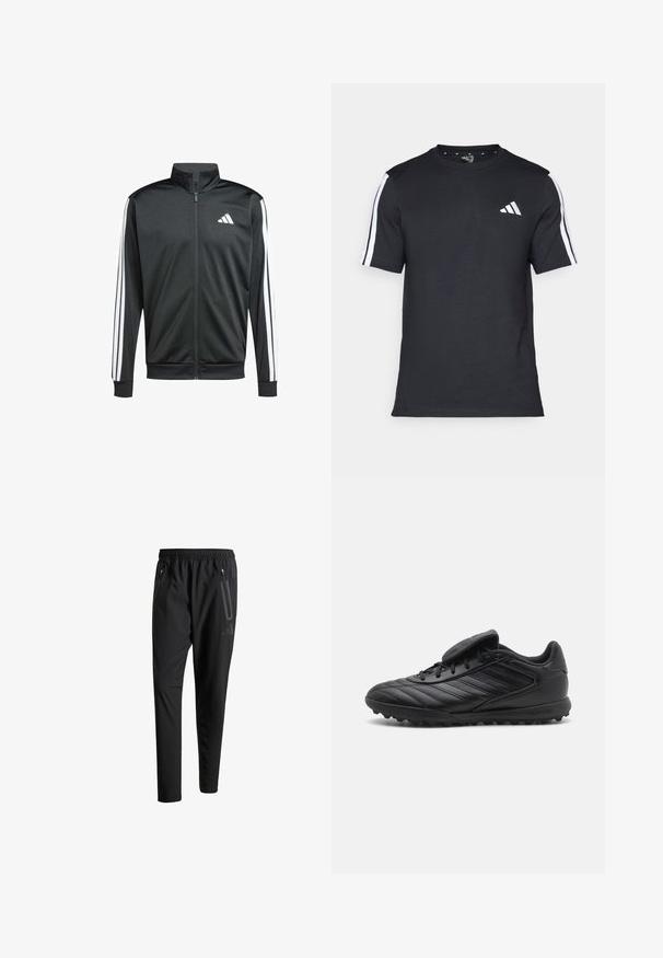 adidas Performance Giacca sportiva - black; T-shirt nera in cotone a maniche corte, con strisce bianche sulle spalle e un logo bianco sul petto sinistro.; Pantaloni sportivi neri con vita elastica, due tasche laterali con cerniera, gambe affusolate e un sottile dettaglio del logo sull'anca.; Scarpe da calcio sintetiche nere con tomaia texture, dotate di chiusura con lacci, linguetta imbottita e suola in gomma con tacchetti per una migliore trazione.