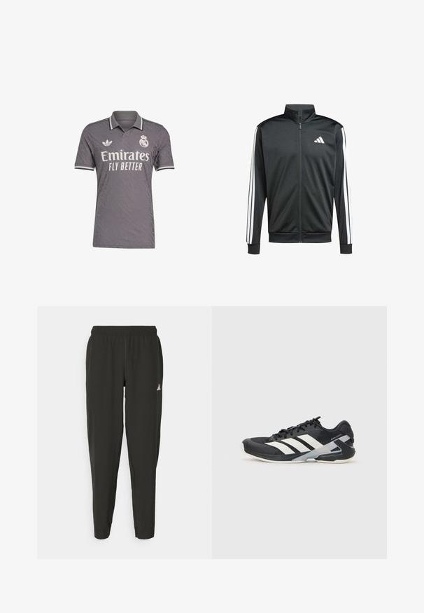 adidas Performance Veste de survêtement - black; Maillot de football gris avec un motif texturé, présentant un col polo, des accents blancs, et le logo "Emirates Fly Better". Logo Adidas sur la poitrine.; Pantalons de sport noirs avec une taille élastique, coupe slim et logo blanc sur la jambe gauche. Tissu lisse et léger.; Chaussure de sport noire avec des rayures blanches, tige en mesh, bout arrondi et semelle rembourrée. Comprend un talon texturé et un système de laçage sécurisé.