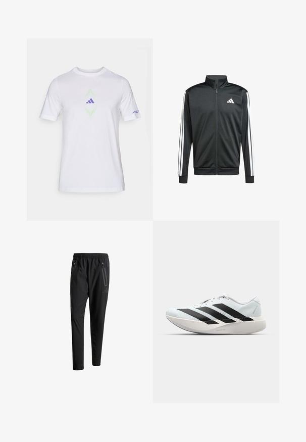 adidas Performance Trainingsvest - black; Witte katoenen t-shirt met korte mouwen. Bevat een groen en lavendel grafisch ontwerp in het midden, inclusief een paars logo en "F50" tekst op de mouw.; Zwarte sportbroeken met een elastische tailleband, twee ritszakken aan de zijkant, taps toelopende pijpen en een subtiele logo-detail op de heup.; Lichte hardloopschoenen in lichtblauw met zwarte strepen. Beschikt over een soepele bovenkant, ronde neusstuk en dikke witte tussenzool met het label "LIGHTSTRIKE PRO."