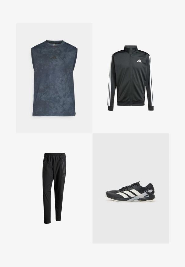 adidas Performance Giacca sportiva - black; Top sportivo senza maniche di colore blu scuro con finitura texturizzata, caratterizzato da un motivo discreto e un logo Adidas nero sul petto.; Pantaloni sportivi neri con vita elastica, due tasche laterali con cerniera, gambe affusolate e un sottile dettaglio del logo sull'anca.; Scarpa sportiva nera con strisce bianche, tomaia in rete, punta arrotondata e suola ammortizzata. Presenta un tallone testurizzato e un sistema di allacciatura sicuro.