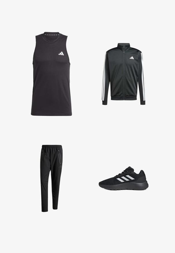 adidas Performance Chaqueta de entrenamiento - black; Camiseta deportiva sin mangas negra hecha de tela suave, con un escote redondo y un logo blanco en el lado izquierdo del pecho.; Pantalones deportivos negros con una cintura elástica, dos bolsillos laterales con cremallera, piernas ajustadas y un discreto detalle de logo en la cadera.; Zapatilla deportiva negra con parte superior de malla, tres franjas blancas, suela acolchada y detalles texturizados en la suela exterior.