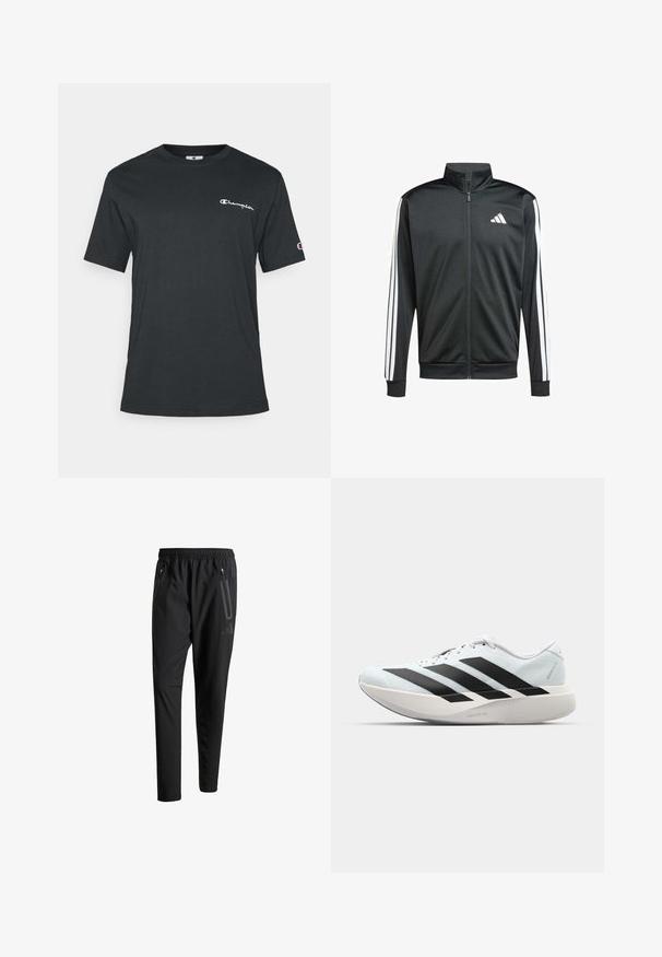 adidas Performance Trainingsjacke - black; Schwarzbaum Baumwoll-T-Shirt mit kurzen Ärmeln, Rundhalsausschnitt, mit einem weißen "Champion"-Logo auf der Brust und einem kleinen Logo auf dem Ärmel.; Schwarze Sporthose mit elastischem Bund, zwei Reißverschlusstaschen an den Seiten, schmal zulaufenden Beinen und einem dezenten Logo-Detail an der Hüfte.; Leichte Laufschuhe in hellblau mit schwarzen Streifen. Sie verfügen über ein glattes Obermaterial, eine runde Zehenpartie und eine dicke weiße Zwischensohle, die mit "LIGHTSTRIKE PRO" beschriftet ist.