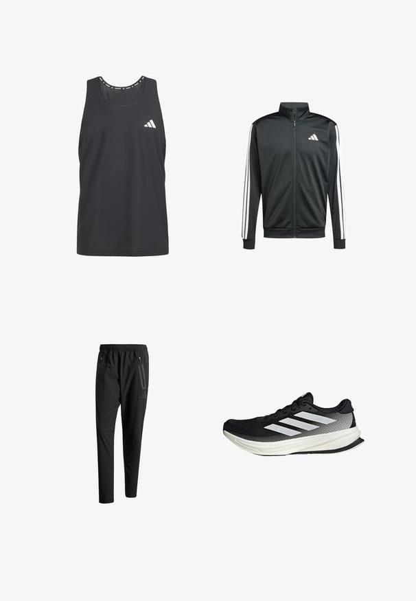 adidas Performance Training jacket - black; Black athletic tank top featuring breathable mesh material, rounded neck, and white Adidas logo on the left chest.; Black athletic pants with an elastic waistband, two zippered side pockets, tapered legs, and a subtle logo detail on the hip.; Black athletic shoe with a mesh design, featuring white stripes, a rounded toe, and a textured sole for grip and support.