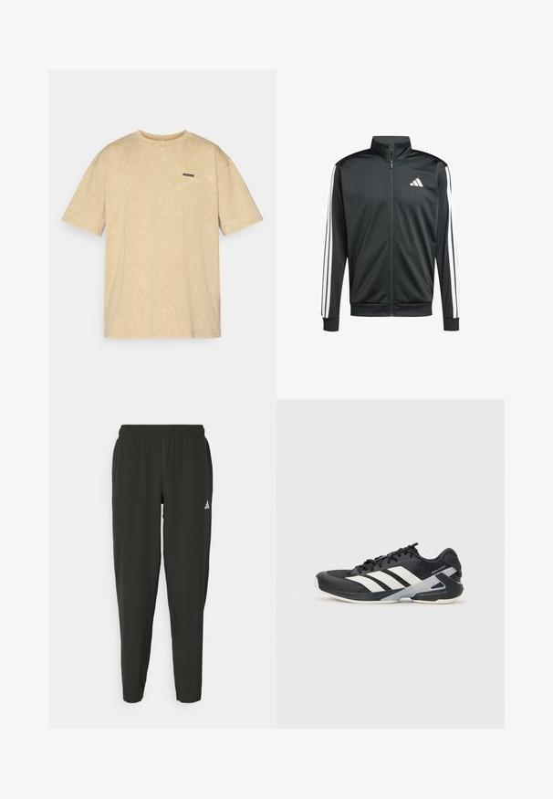 adidas Performance Trainingsjacke - black; Beige Übergröße T-Shirt mit weichem Material, kurzen Ärmeln und Rundhalsausschnitt. Mit einem kleinen schwarzen Etikett auf der Brust, das den Markennamen zeigt.; Schwarze Sporthosen mit elastischem Bund, slim fit und weißem Logo auf dem linken Bein. Glattes, leichtes Material.; Schwarzer Sportschuh mit weißen Streifen, Obermaterial aus Mesh, runde Zehenform und gepolstertem Sohlenteil. Verfügt über eine strukturierte Ferse und ein sicheres Schnürsystem.