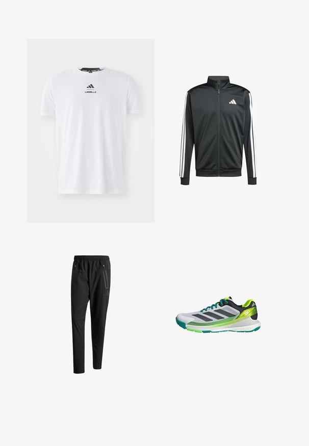 adidas Performance Trainingsvest - black; Witte sportt-shirt van lichtgewicht stof. Heeft een ronde hals, korte mouwen en een zwart "LES MILLS" logo op de voorkant.; Zwarte sportbroeken met een elastische tailleband, twee ritszakken aan de zijkant, taps toelopende pijpen en een subtiele logo-detail op de heup.; Grijze en zwarte sportieve schoen met groene accenten en een bovenwerk van mesh. Beschikt over drie zwarte stripes en een gestructureerde zool voor grip.