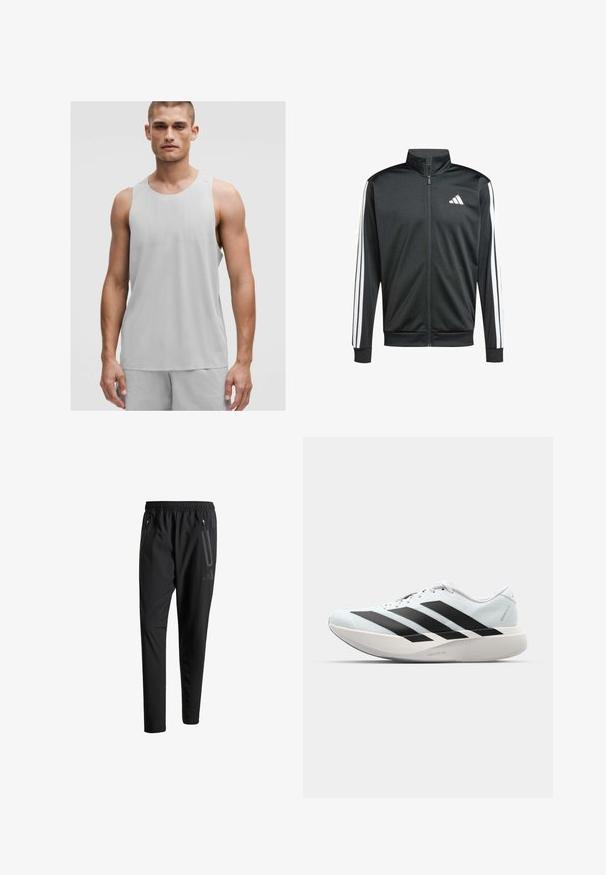 adidas Performance Trainingsjacke - black; Hellgraues Sport-Top mit rundem Ausschnitt und ärmellosem Design, hergestellt aus einem atmungsaktiven Material mit subtilen Texturdetails.; Schwarze Sporthose mit elastischem Bund, zwei Reißverschlusstaschen an den Seiten, schmal zulaufenden Beinen und einem dezenten Logo-Detail an der Hüfte.; Leichte Laufschuhe in hellblau mit schwarzen Streifen. Sie verfügen über ein glattes Obermaterial, eine runde Zehenpartie und eine dicke weiße Zwischensohle, die mit "LIGHTSTRIKE PRO" beschriftet ist.