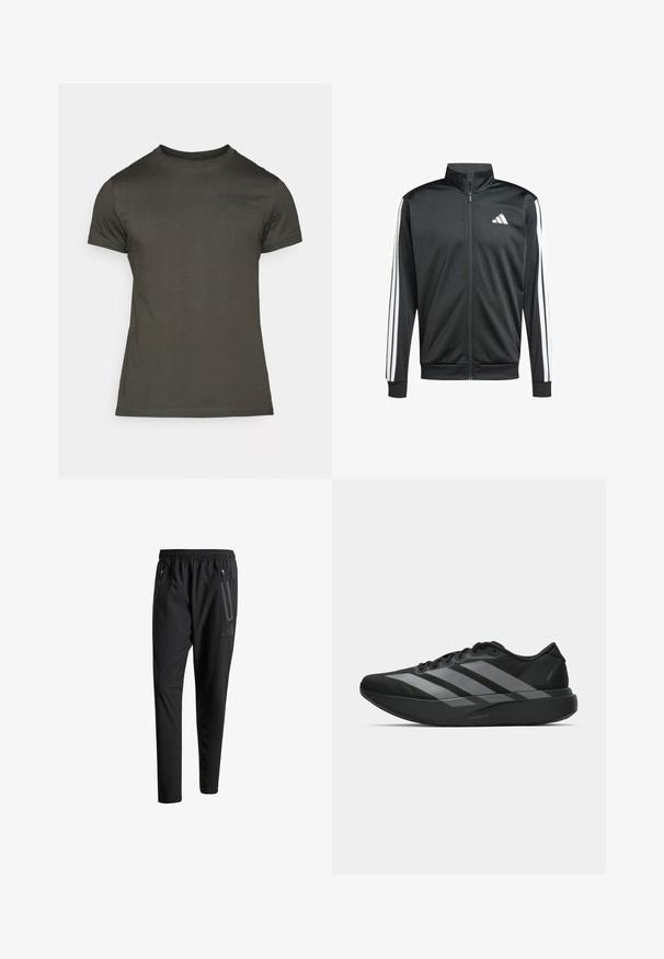 adidas Performance Trainingsvest - black; Donkergroene t-shirt, korte mouwen, ronde hals, gemaakt van zachte katoen met een subtiel logo op de voorkant. Soepele textuur, casual pasvorm.; Zwarte sportbroeken met een elastische tailleband, twee ritszakken aan de zijkant, taps toelopende pijpen en een subtiele logo-detail op de heup.; Zwarte sportieve schoenen met een lichtgewicht ontwerp, voorzien van drie opvallende grijze strepen, een gladde textuur en een gevormde zool.