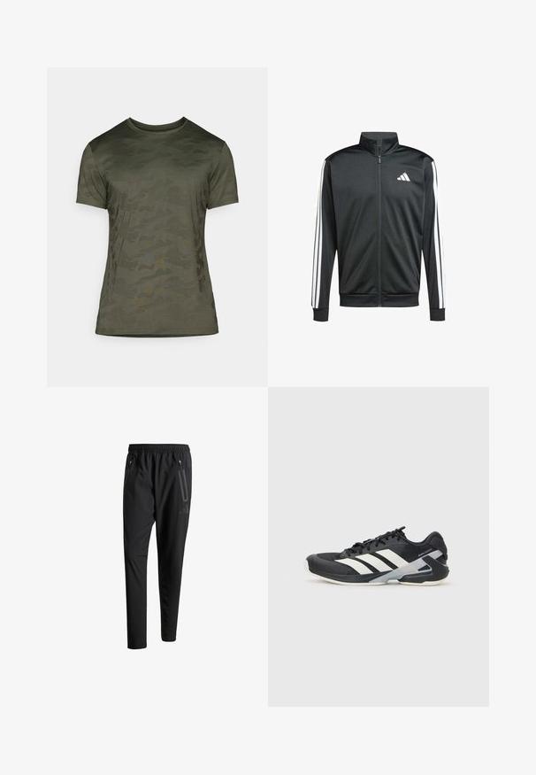 adidas Performance Trainingsvest - black; Olijfgroene t-shirt met korte mouwen, voorzien van een subtiel camouflagepatroon. Gemaakt van zachte stof met een ronde hals en een aansluitende pasvorm.; Zwarte sportbroeken met een elastische tailleband, twee ritszakken aan de zijkant, taps toelopende pijpen en een subtiele logo-detail op de heup.; Zwarte sportschoen met witte strepen, bovenwerk van mesh, ronde neus en geveerde zool. Heeft een getextureerde hak en een veilig vetersysteem.