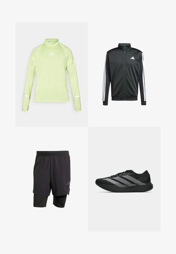 adidas Performance Training jacket - black; Light green long-sleeve athletic shirt with a mock neck, featuring a white logo and reflective accents on cuffs. Made of textured, breathable material.; Black athletic shorts with integrated inner layer, made from breathable fabric. Features subtle logo and structured texture. Adjustable waistband.; Black athletic shoes with a lightweight design, featuring three prominent gray stripes, a smooth texture, and a contoured sole.