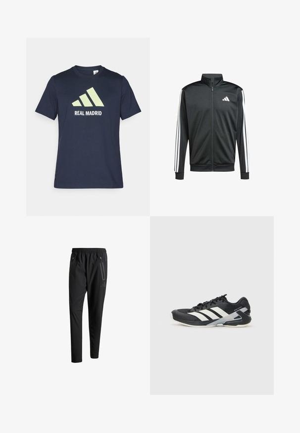 adidas Performance Giacca sportiva - black; T-shirt in cotone blu navy con un grande logo Adidas di colore verde chiaro e la scritta "REAL MADRID" in bianco. Maniche corte, design classico con collo a giro.; Pantaloni sportivi neri con vita elastica, due tasche laterali con cerniera, gambe affusolate e un sottile dettaglio del logo sull'anca.; Scarpa sportiva nera con strisce bianche, tomaia in rete, punta arrotondata e suola ammortizzata. Presenta un tallone testurizzato e un sistema di allacciatura sicuro.