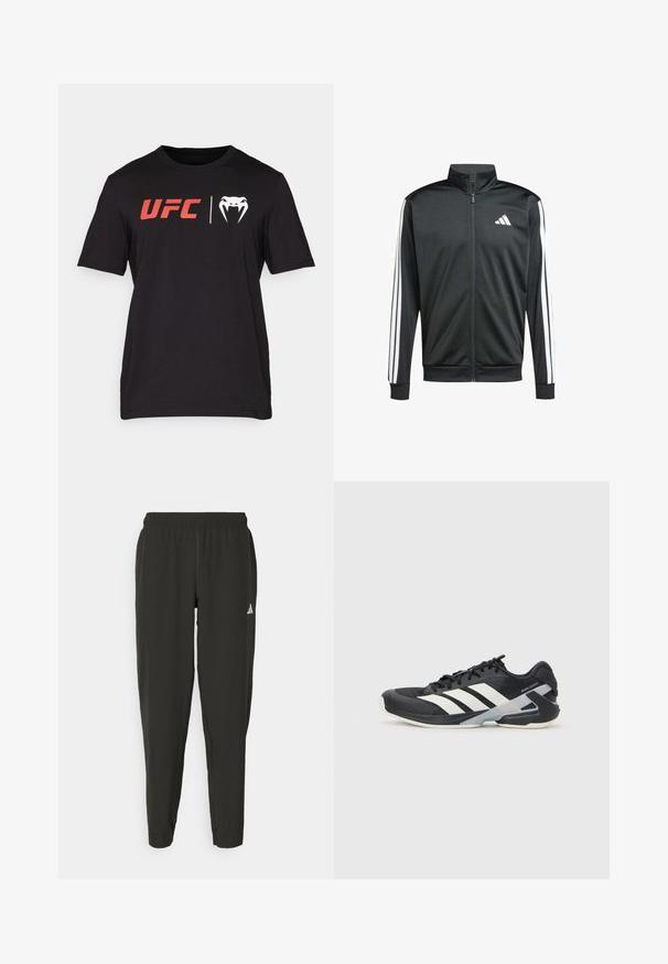 adidas Performance Chaqueta de entrenamiento - black; Camiseta de algodón negra con mangas cortas. Presenta el logo rojo de "UFC" y un gráfico de serpiente blanca en la parte delantera. Cuello redondo, textura suave.; Pantalones deportivos negros con cinturilla elástica, ajuste Slim y logo blanco en la pierna izquierda. Tejido suave y ligero.; Zapatilla deportiva negra con franjas blancas, parte superior de malla, punta redondeada y suela acolchada. Presenta un talón texturizado y un sistema de cordones seguro.