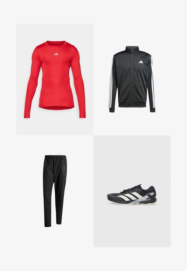 adidas Performance Trainingsjacke - black; Rotes langärmliges Sportshirt aus glattem, dehnbarem Stoff; taillierte Passform; verfügt über ein kleines weißes Logo am Ausschnitt.; Schwarze Sporthose mit elastischem Bund, zwei Reißverschlusstaschen an den Seiten, schmal zulaufenden Beinen und einem dezenten Logo-Detail an der Hüfte.; Schwarzer Sportschuh mit weißen Streifen, Obermaterial aus Mesh, runde Zehenform und gepolstertem Sohlenteil. Verfügt über eine strukturierte Ferse und ein sicheres Schnürsystem.