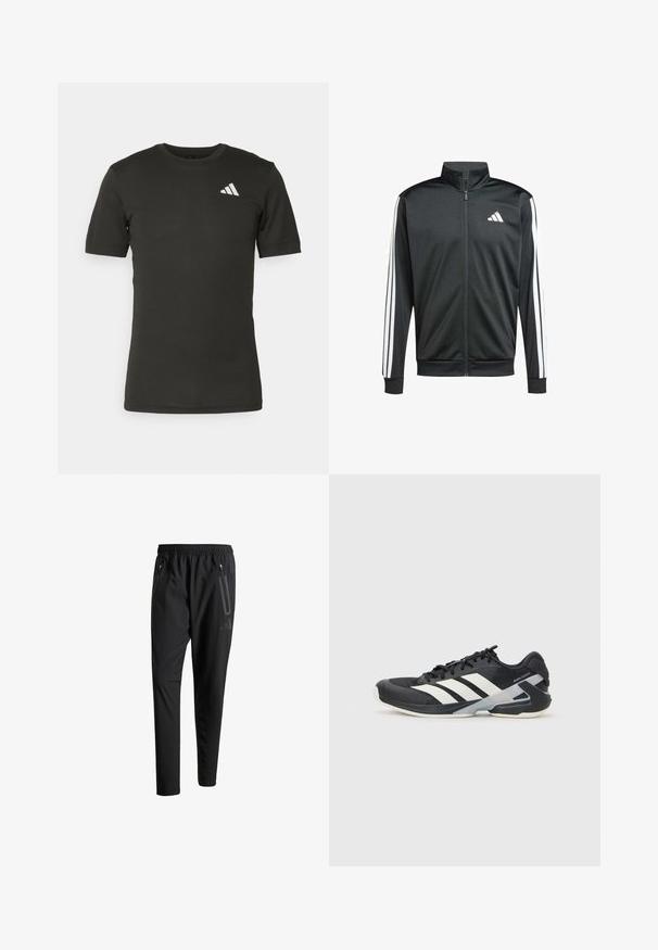 adidas Performance Chaqueta de entrenamiento - black; Camiseta atlética negra de manga corta con un pequeño logo blanco de Adidas en el lado izquierdo del pecho sobre un fondo blanco liso.; Pantalones deportivos negros con una cintura elástica, dos bolsillos laterales con cremallera, piernas ajustadas y un discreto detalle de logo en la cadera.; Zapatilla deportiva negra con franjas blancas, parte superior de malla, punta redondeada y suela acolchada. Presenta un talón texturizado y un sistema de cordones seguro.