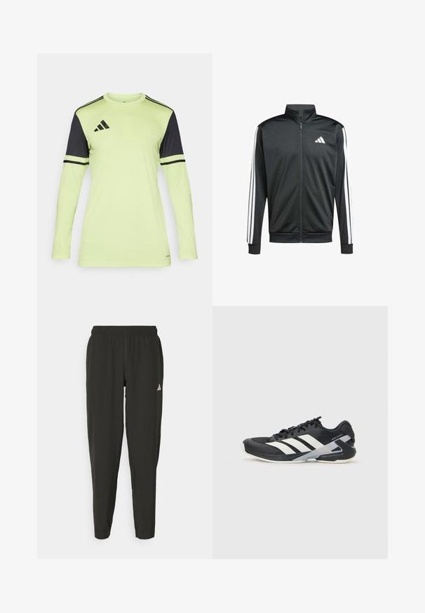 adidas Performance Trainingsjacke - black; Langärmliges Sporthemd in Neon-Gelb mit schwarzen Akzenten und Streifen. Verfügt über einen Rundhalsausschnitt und besteht aus Polyester.; Schwarze Sporthosen mit elastischem Bund, slim fit und weißem Logo auf dem linken Bein. Glattes, leichtes Material.; Schwarzer Sportschuh mit weißen Streifen, Obermaterial aus Mesh, runde Zehenform und gepolstertem Sohlenteil. Verfügt über eine strukturierte Ferse und ein sicheres Schnürsystem.