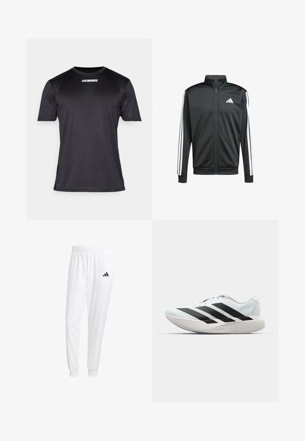 adidas Performance Chaqueta de entrenamiento - black; Camiseta deportiva negra hecha de una tela suave y transpirable. Presenta un cuello redondo y mangas cortas, con el logotipo blanco "HUMMEL" en la parte frontal.; Pantalones deportivos blancos de tela suave, con cinturilla elástica y puños ajustados, y un logo negro en el bolsillo trasero.; Zapatillas de running ligeras en azul pálido con rayas negras. Presentan una parte superior suave, puntera redonda y una gruesa mediasuela blanca etiquetada como "LIGHTSTRIKE PRO".