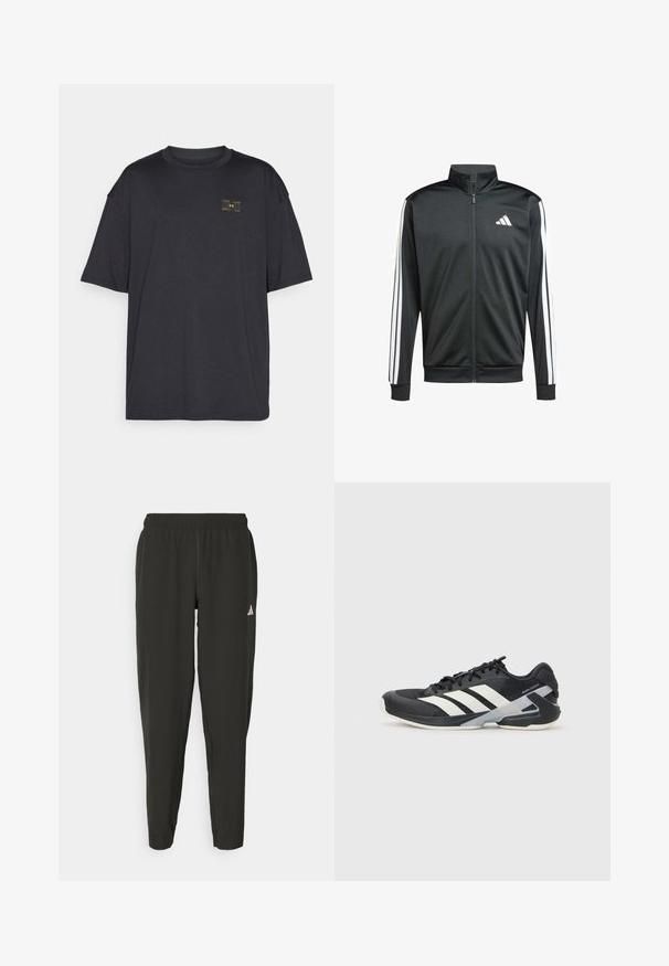 adidas Performance Giacca sportiva - black; T-shirt nera a maniche corte realizzata in tessuto morbido, con una piccola toppa gialla sul petto. Il design è a vestibilità rilassata con collo a girocollo.; Pantaloni sportivi neri con elastico in vita, taglio aderente e logo bianco sulla gamba sinistra. Tessuto liscio e leggero.; Scarpa sportiva nera con strisce bianche, tomaia in rete, punta arrotondata e suola ammortizzata. Presenta un tallone testurizzato e un sistema di allacciatura sicuro.