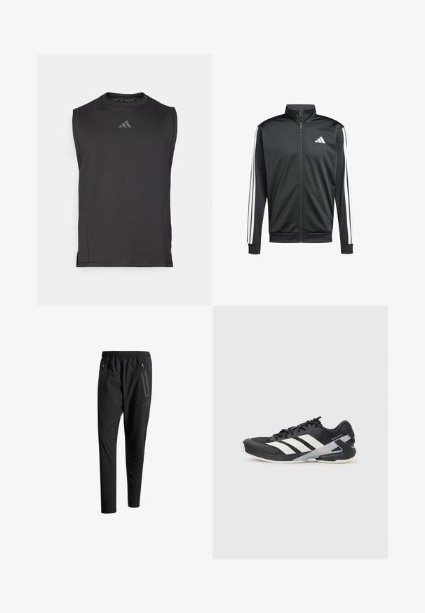adidas Performance Trainingsjacke - black; Schwarzes, ärmelloses Sportshirt aus glattem Stoff, mit Rundhalsausschnitt und dezentem Logo-Detail auf der Vorderseite.; Schwarze Sporthose mit elastischem Bund, zwei Reißverschlusstaschen an den Seiten, schmal zulaufenden Beinen und einem dezenten Logo-Detail an der Hüfte.; Schwarzer Sportschuh mit weißen Streifen, Obermaterial aus Mesh, runde Zehenform und gepolstertem Sohlenteil. Verfügt über eine strukturierte Ferse und ein sicheres Schnürsystem.