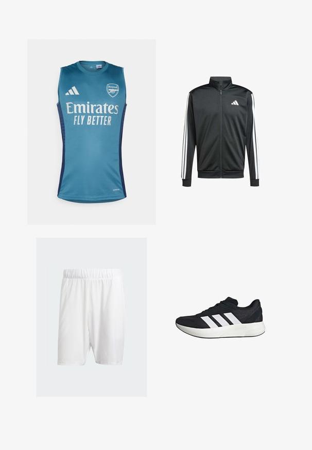 adidas Performance Giacca sportiva - black; Canotta senza maniche color acquamarina con il logo dell'Arsenal, il testo "Emirates Fly Better" e dettagli laterali in blu scuro. Realizzata in tessuto morbido.; Pantaloni sportivi bianchi realizzati in tessuto leggero, con una vita elasticizzata, texture liscia e taglio fino al ginocchio.; Scarpa da ginnastica nera con tomaia in mesh traspirante, tre strisce bianche sul lato, suola in gomma resistente e design minimalista.